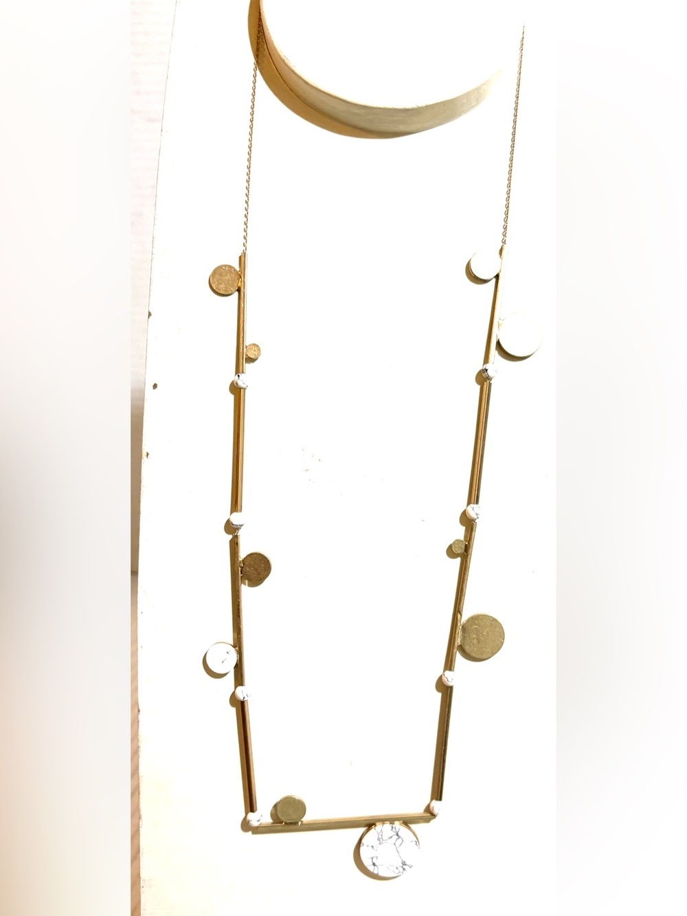 Long Gold Bar Necklace with Textured Disc Accents